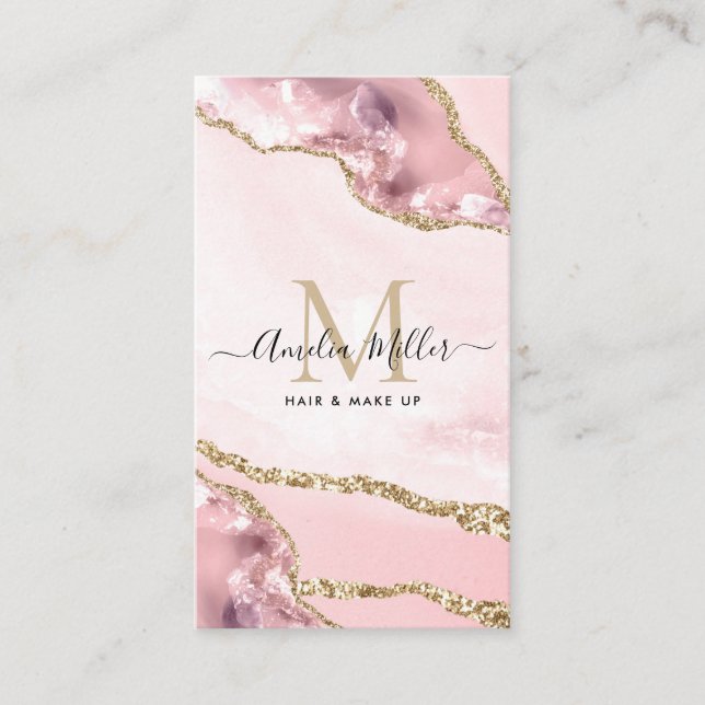 Blush Pink Gold Marmor Agate Haair Makeup Monogram Visitenkarte (Vorderseite)