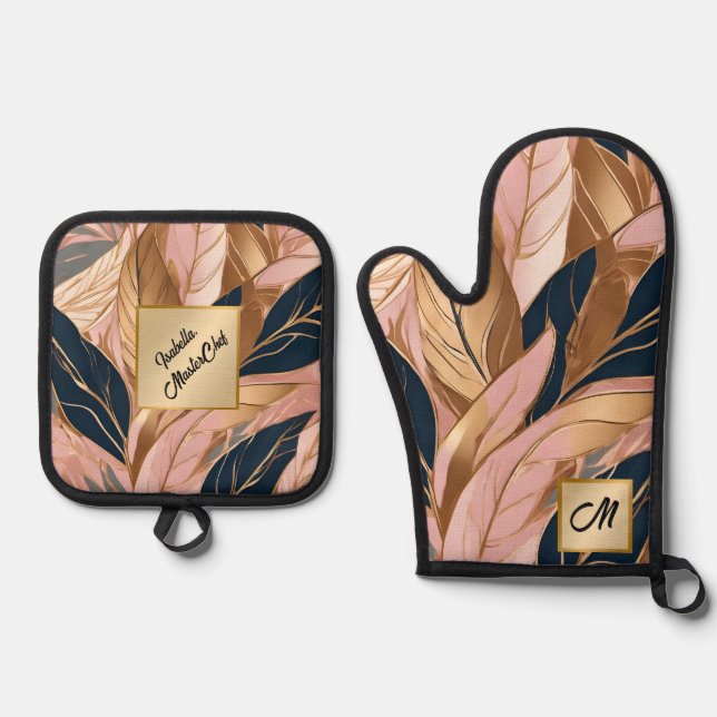 Blush Pink Gold Moderne Boho Blätter Collection Ofenhandschuh & Topflappen-Set (Vorderseite)