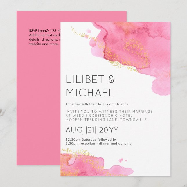 Blush Pink Gold Moderne Hochzeit Einladung (Vorne/Hinten)