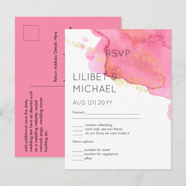 Blush Pink Gold Moderne Hochzeitserie RSVP mit Men Postkarte (Vorne/Hinten)