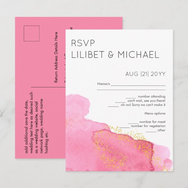 Blush Pink Gold Moderne Hochzeitserie RSVP mit Men Postkarte (Vorne/Hinten)