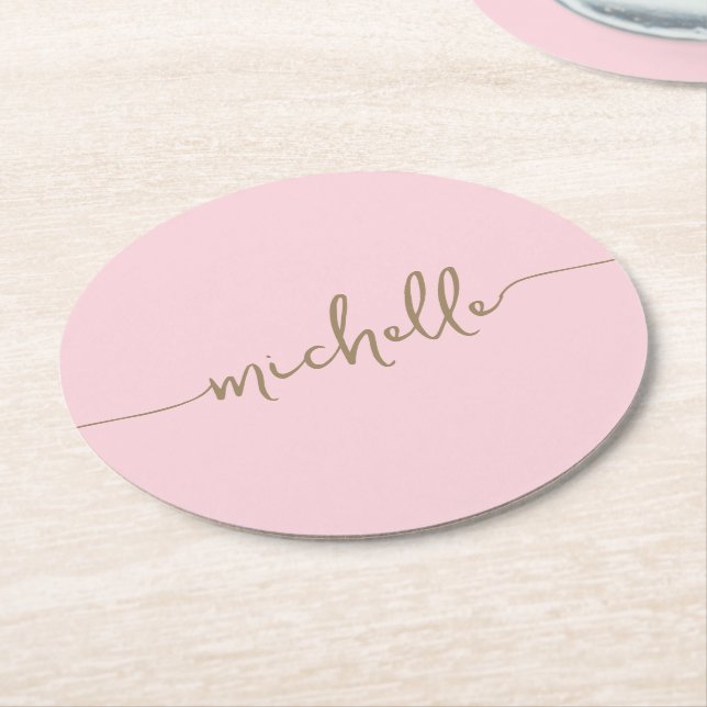 Blush Pink Gold Monogram Name Script Signatur Runder Pappuntersetzer (Angewinkelt)