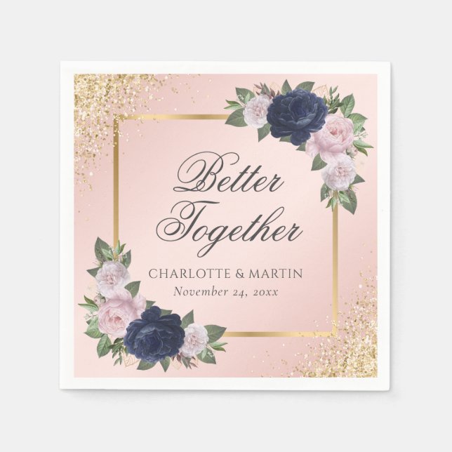 Blush Pink Gold Navy Blue Floral Wedding Serviette (Vorderseite)