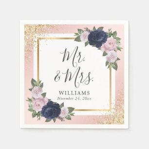 Blush Pink Gold Navy Blue Floral Wedding Serviette