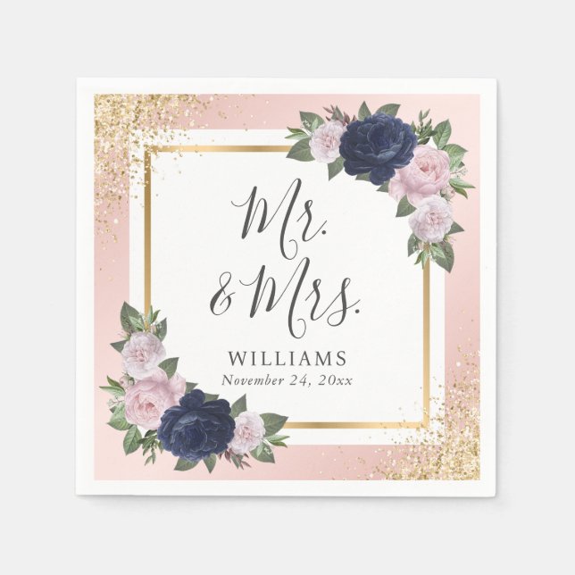 Blush Pink Gold Navy Blue Floral Wedding Serviette (Vorderseite)