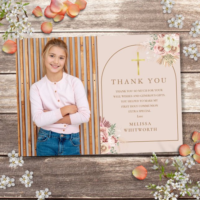 Blush Pink Gold Pampas Gras Erste Heilige Kommune Dankeskarte (Blush Pink Gold Pampas Grass First Holy Communion Thank You Card)