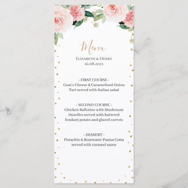Blush pink gold peony floral elegant wedding menu (Devant)