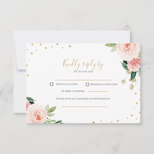 Blush pink gold peony floral wedding RSVP card (Devant)