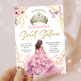 Blush Pink Gold Prinzessin Tiara Floral Sweet 16 Einladung