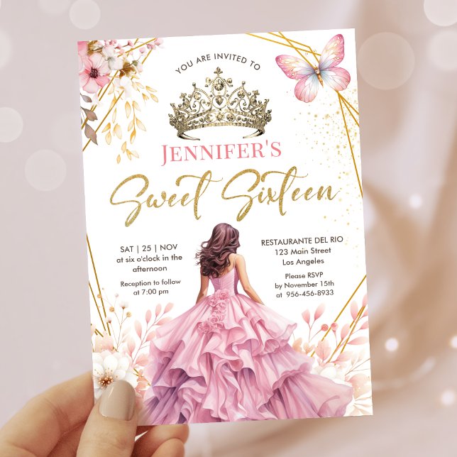Blush Pink Gold Prinzessin Tiara Floral Sweet 16 Einladung (Von Creator hochgeladen)