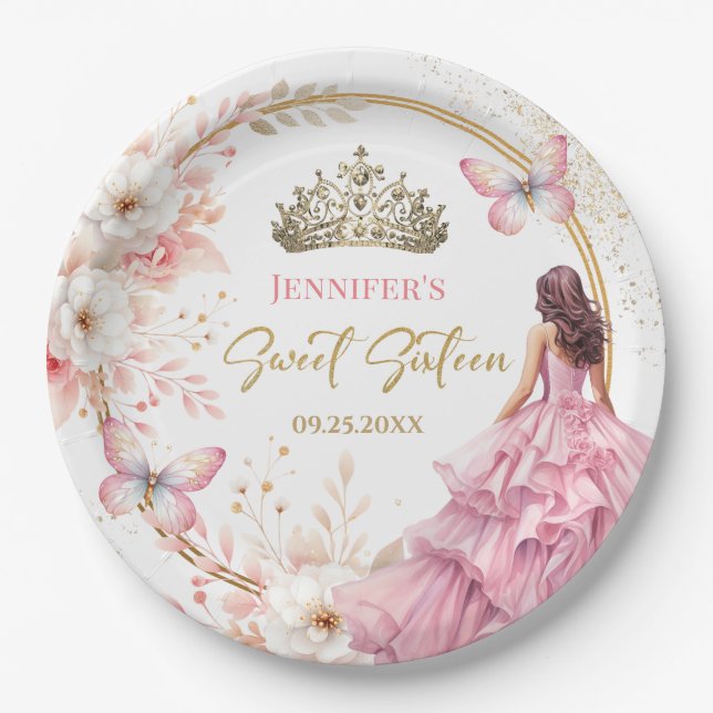 Blush Pink Gold Prinzessin Tiara Floral Sweet 16 Pappteller (Vorderseite)