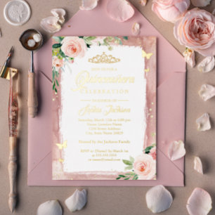 Blush Pink Gold Quinceanera Blumenkohl Tiara Folieneinladung