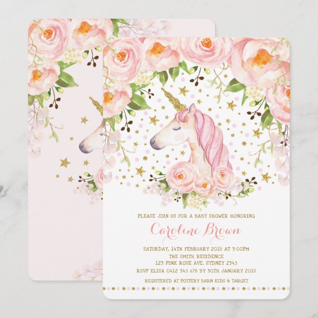 Blush Pink Gold Rose Bloral Unicorn Kinderdusche Einladung (Vorne/Hinten)