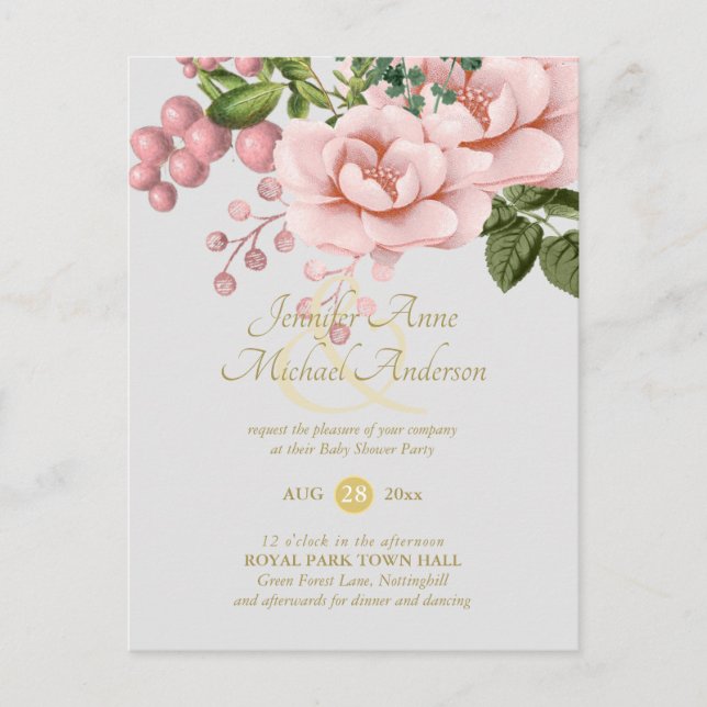Blush Pink Gold Rose Bouquet Baby Dusche Postkarte (Vorderseite)
