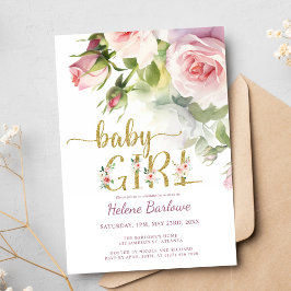 Blush Pink Gold Rose Floral Boho Girl Babydusche Einladung
