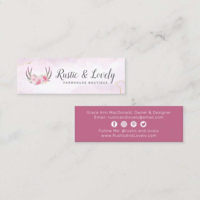 Blush Pink Gold Rustikale Flora Antler Social Medi Mini Visitenkarte (Vorne/Hinten)
