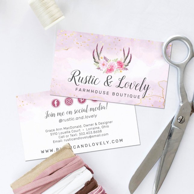 Blush Pink Gold Rustikale Flora Antler Social Medi Visitenkarte (Von Creator hochgeladen)