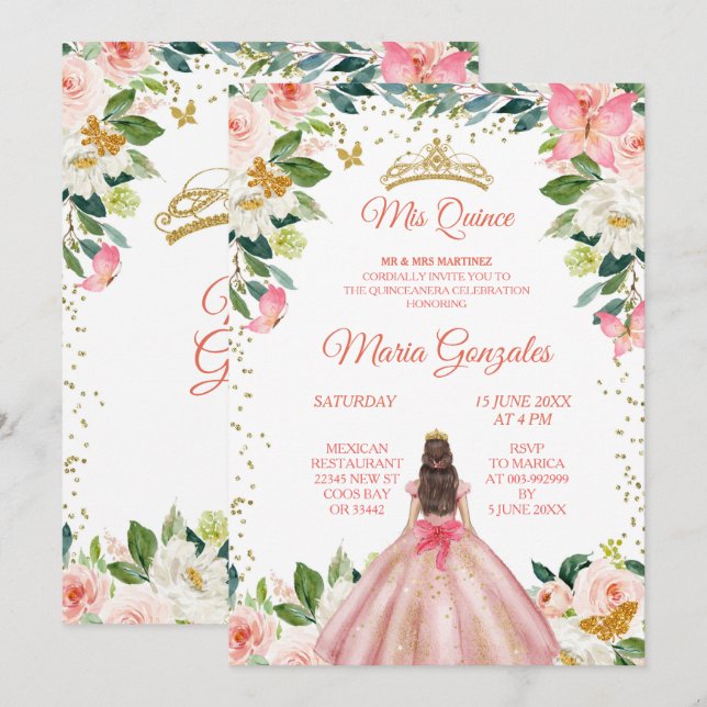 Blush Pink & Gold Schmetterling Mis Quince Einladu Einladung (Vorne/Hinten)