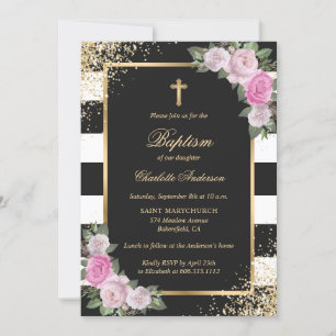 Blush Pink Gold Schwarzer Streifen Floral Girl Tau Einladung