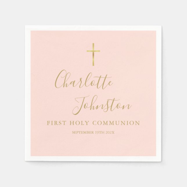 Blush Pink Gold Script Erste heilige Kommune Serviette (Vorderseite)