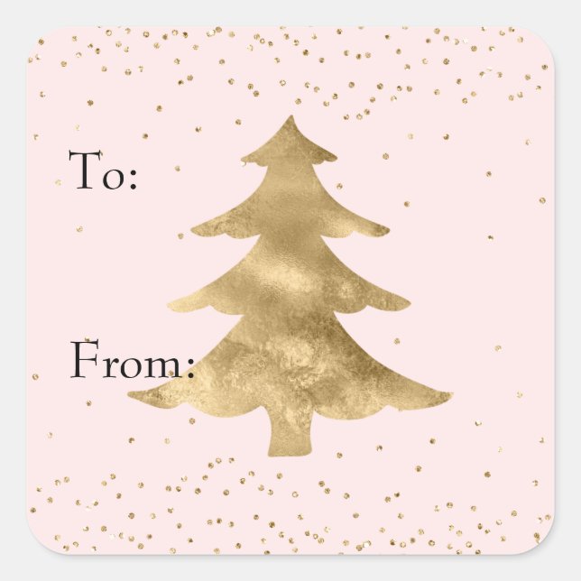 Blush Pink Gold Sparkle Dots Weihnachtsbaum Quadratischer Aufkleber (Vorderseite)