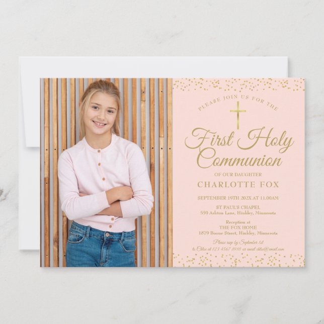 Blush Pink Gold Staub Erste Heilige Kommune Foto Einladung (Vorderseite)