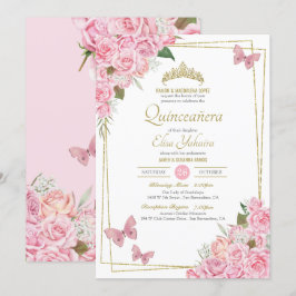 Blush Pink Gold Tiara Floral Butterfly Quinceanera Einladung