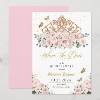 Blush Pink & Gold Tiara Save the Date Quinceañera Einladung