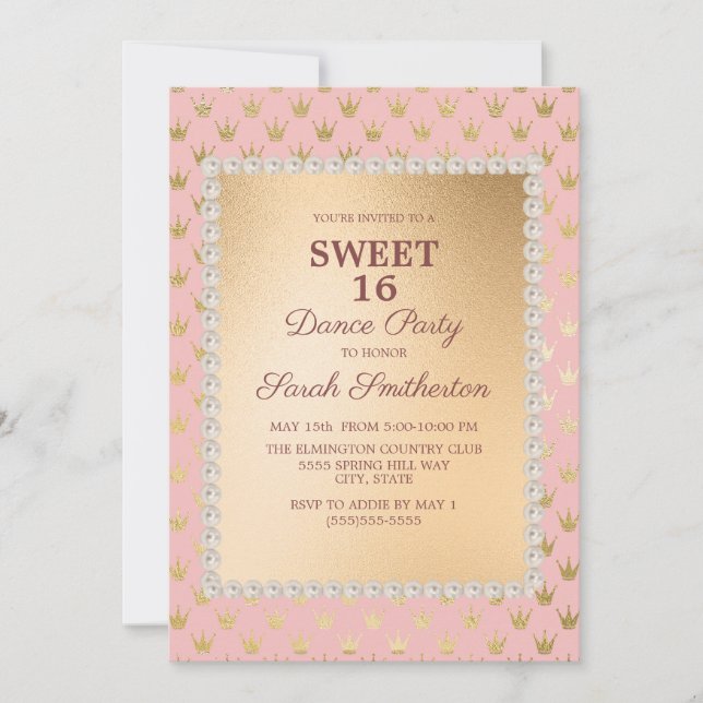 Blush Pink Gold Tiara Sweet 16 Dance Party Einladung (Vorderseite)