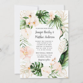 Blush Pink Gold Tropical Green Wreath Wedding Einladung
