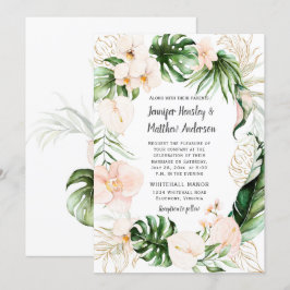 Blush Pink Gold Tropical Green Wreath Wedding Einladung