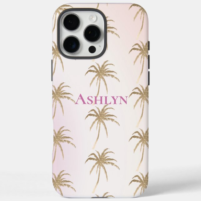 Blush Pink Gold Tropical Palm Trees iPhone 16 Pro Max Hülle (Rückseite)