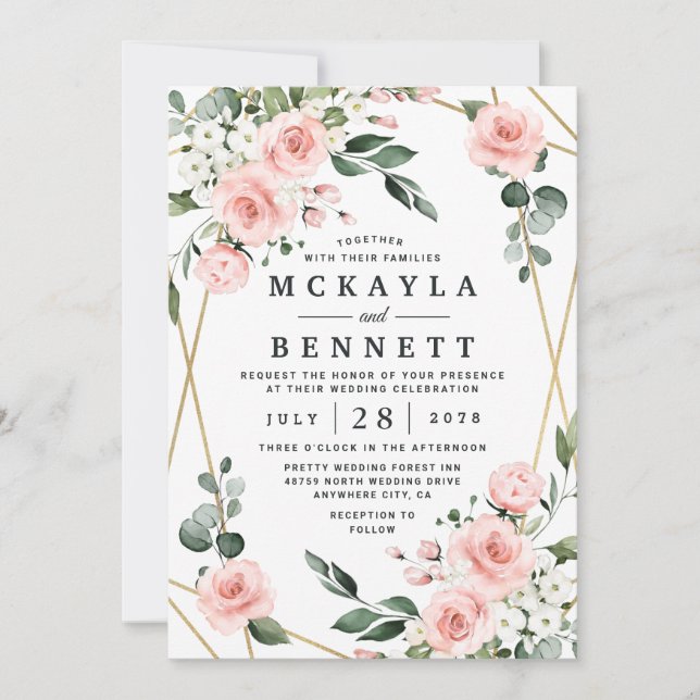 Blush Pink Gold und Weiße Blumengrün Hochzeit Einladung (Vorderseite)