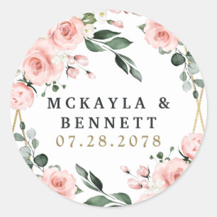 Blush Pink Gold und Weiße Blumengrün Hochzeit Runder Aufkleber