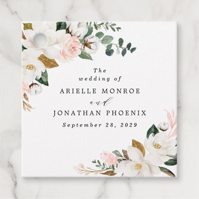 Blush Pink Gold und White Magnolia Bloral Wedding Geschenkanhänger (Vorderseite)