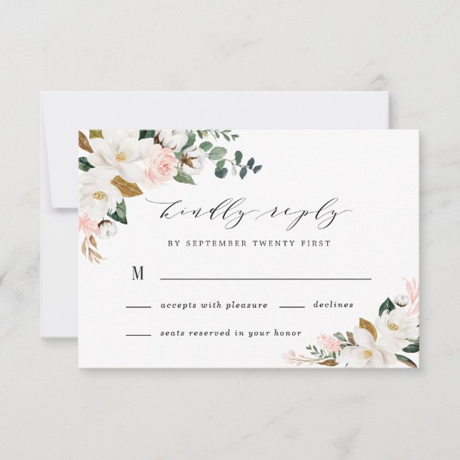 Blush Pink Gold und White Magnolia Bloral Wedding RSVP Karte (Vorderseite)