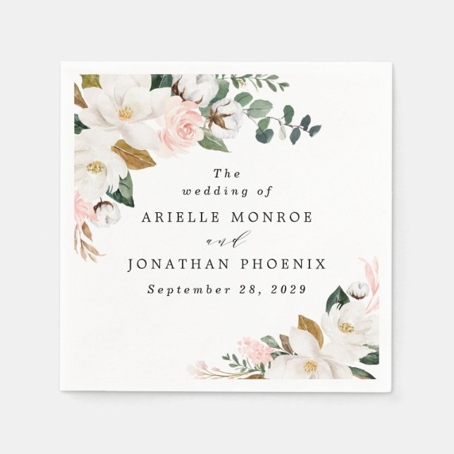 Blush Pink Gold und White Magnolia Bloral Wedding Serviette (Vorderseite)