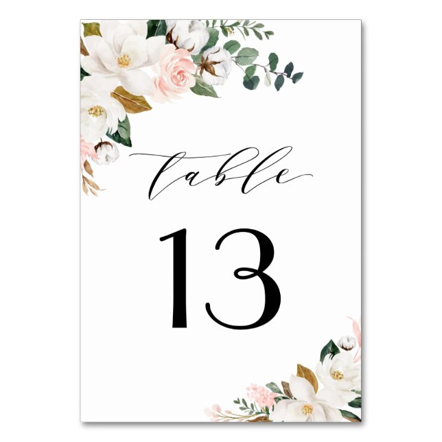 Blush Pink Gold und White Magnolia Bloral Wedding Tischnummer (Vorderseite)