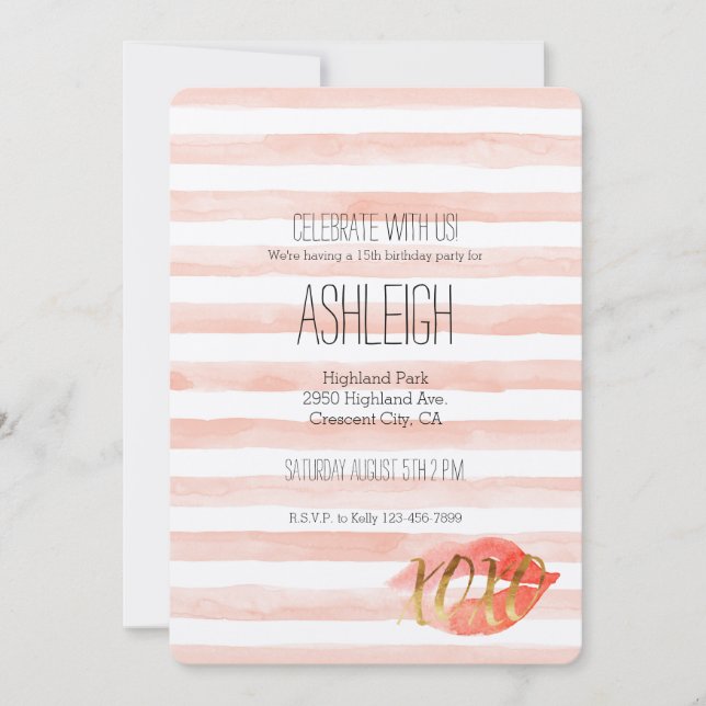 Blush Pink Gold XOXO Wasserfarbe Kiss Einladung (Vorderseite)
