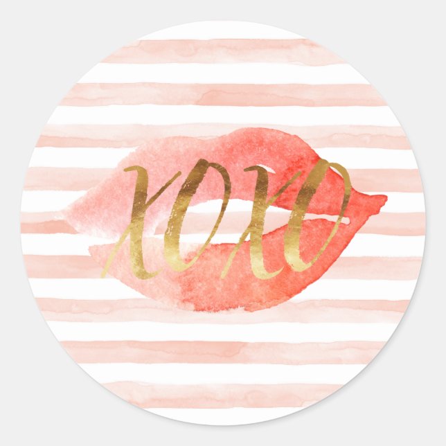 Blush Pink Gold XOXO Wasserfarbe Kiss Runder Aufkleber (Vorderseite)