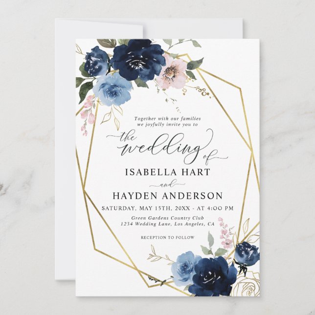 Blush Pink Golden Floral Gold Rahmen Hochzeit Einladung (Vorderseite)