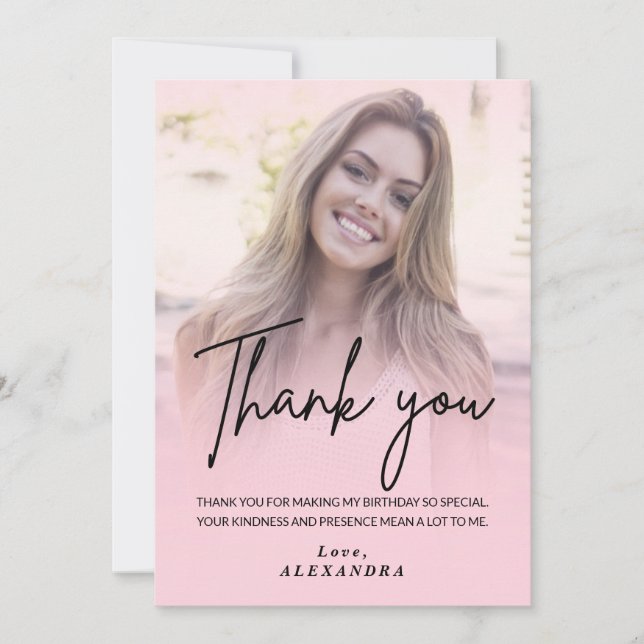 Blush Pink Gradient Photo Birthday Thank you card Einladung (Vorderseite)