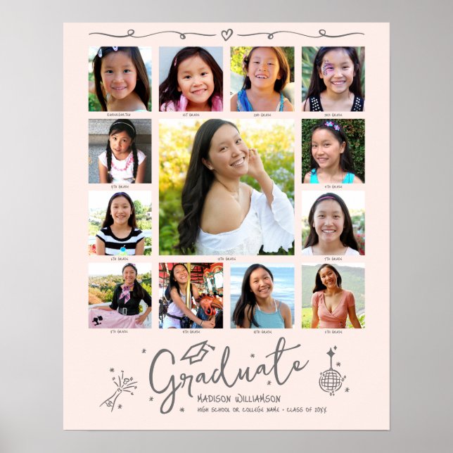 Blush Pink Graduation K–12 Photo Collage Doodles Poster (Vorne)