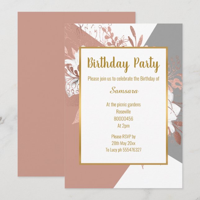 BLUSH PINK GRAU AQUAMARINE FLORAL PATTERN GEBURTST EINLADUNG (Vorne/Hinten)