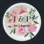 Blush Pink & Grau Botanische Monogramm Pappteller<br><div class="desc">Geben Sie Ihren Gästen hübsch in rosa,  rot und grau Teller,  um Ihre Hochzeit oder Party zu ergänzen oder zu verkleiden!</div>