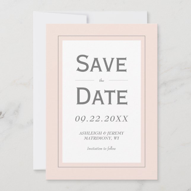 Blush Pink Grau Modernes Minimalistisches Vertikal Save The Date (Vorderseite)