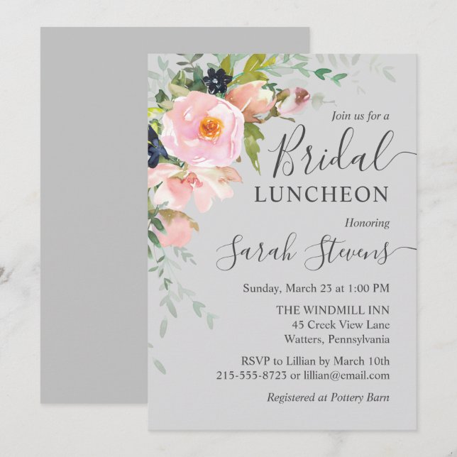 Blush Pink & Gray Bloral Bouquet Bridal Luncheon Einladung (Vorne/Hinten)