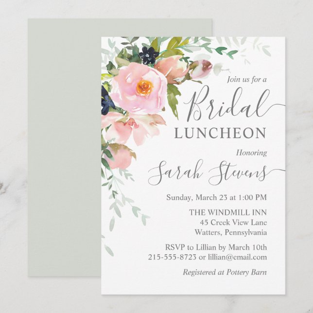 Blush Pink & Gray Bloral Bridal Luncheon Einladung (Vorne/Hinten)