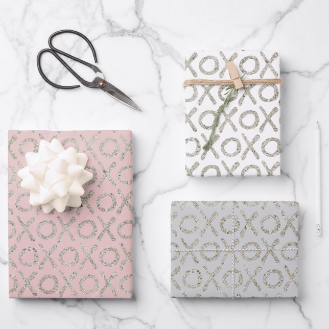 Blush Pink Gray Glitzy Silver XOXO Geschenkpapier Set (Vorderseite)
