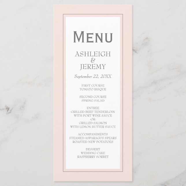 Blush Pink Gray Moderne Minimalistische Hochzeit Menükarte (Vorderseite)